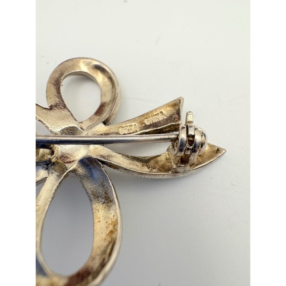 Sterling Silver Bow Brooch Marcasite Pearl Center 925 China Ribbon Pin - Picture 4 of 10